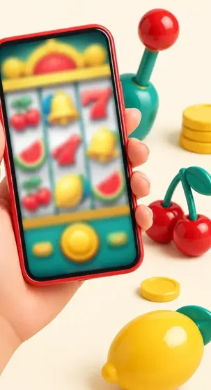 Hand som håller en mobil med ett slotspel på skärmen